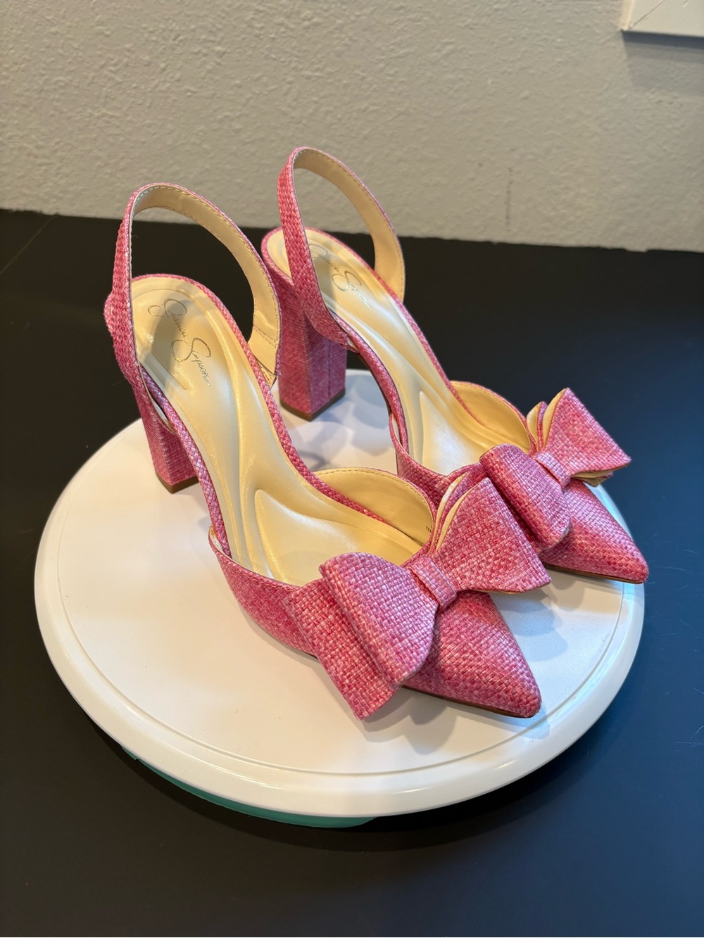 Pink Bow Pointed-Toe Slingback Block Heels
